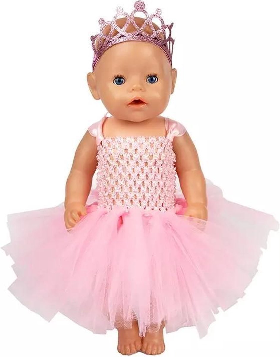 Poppenkleertjes - Geschikt voor Baby Born - Ballerina jurk - Met kroon - Outfit babypop - Roze jurk met wijde tutu en grote strik